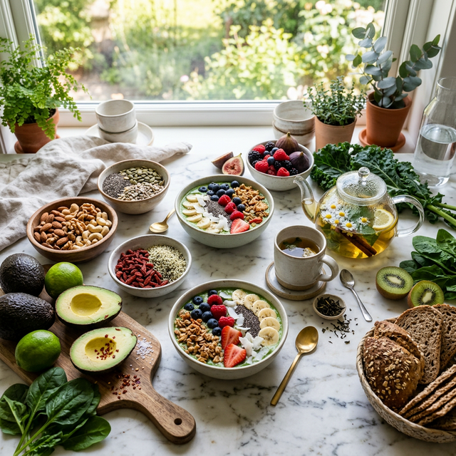 Fresh wellness superfoods, smoothie bowls and herbal teas arranged on a marble surface
