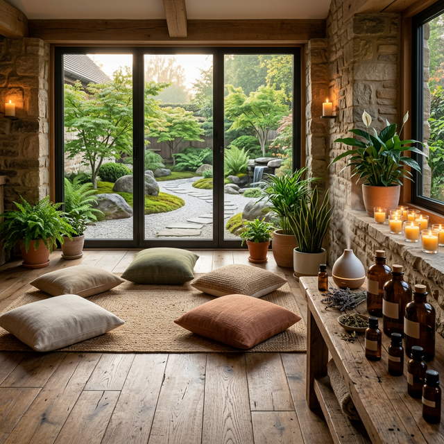 Serene spa interior with natural stone walls, candles, and meditation space